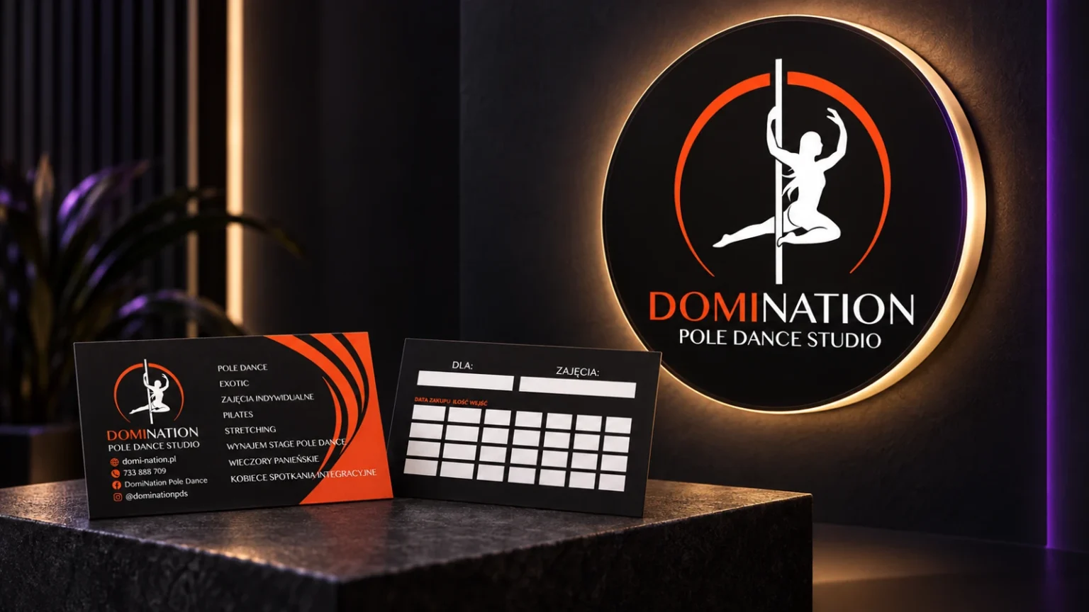 Wizualizacja kasetonu Domination Pole Dance Studio na ciemnym tle