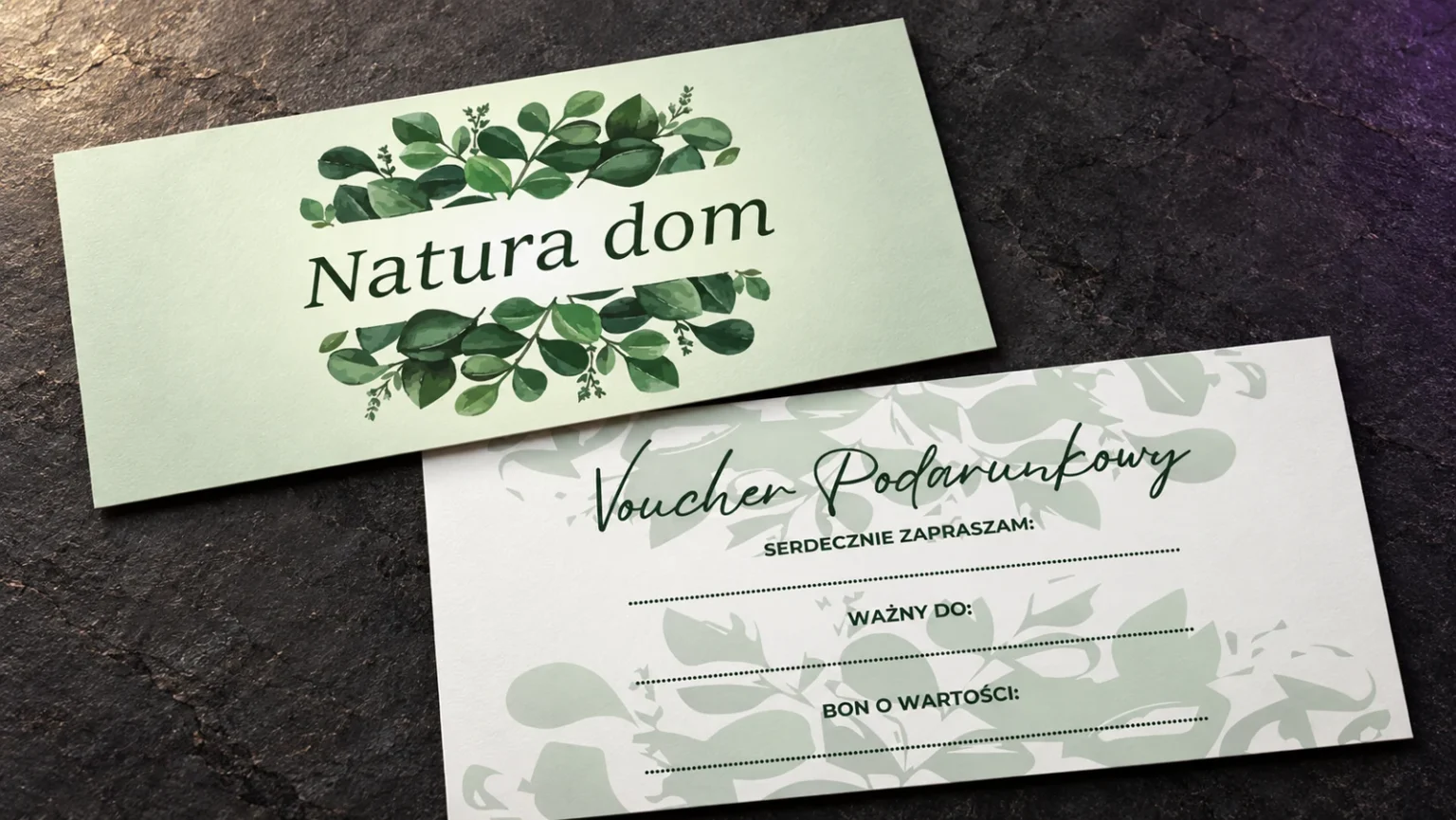 Mockup vouchera Natura Dom na ciemnym tle